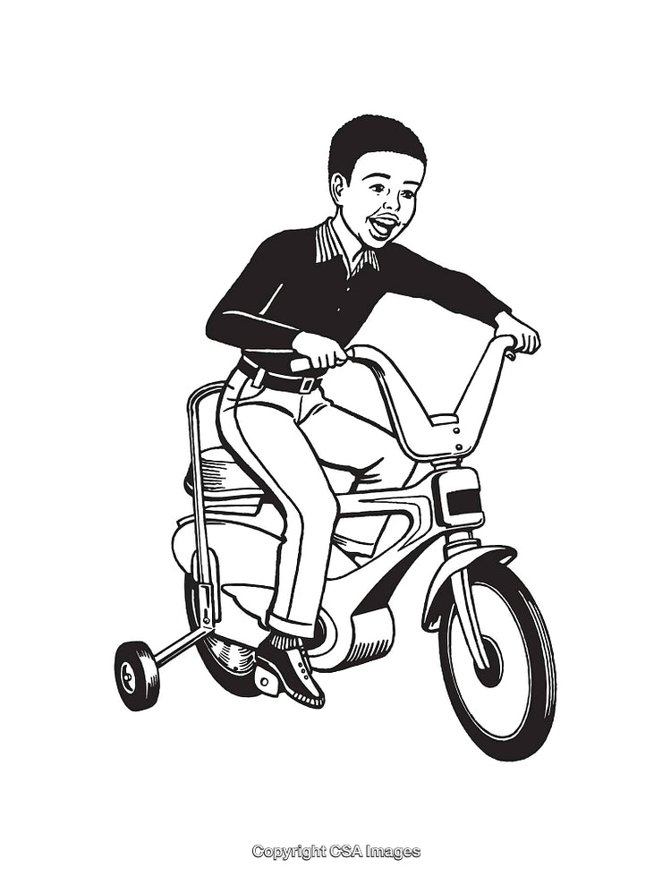 Young Boy Riding A Tricycle With Joyful Expression In Line Art Style