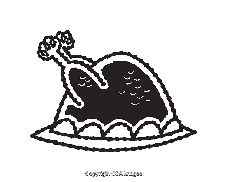 Black and White Line Art of a Thanksgiving Roasted Turkey Dinner