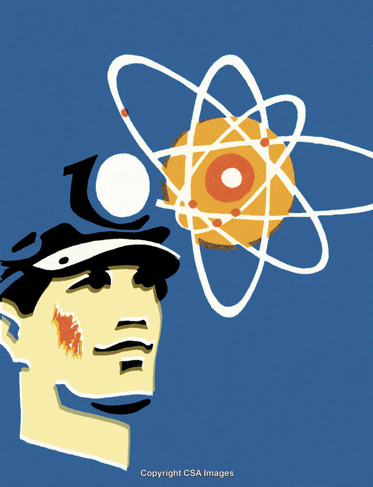 Vintage Poster Featuring Worker with Atom Symbol Signifying Science and Industry