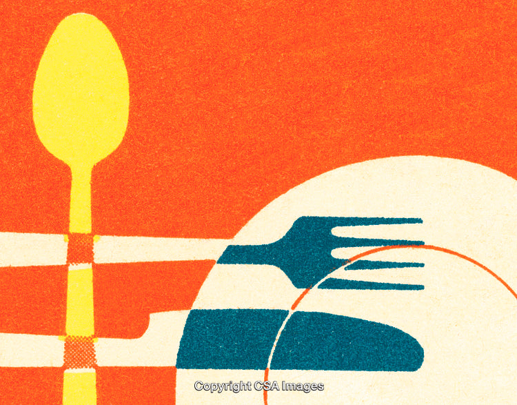 Retro Graphic of Spoon and Fork on Bold Orange Background