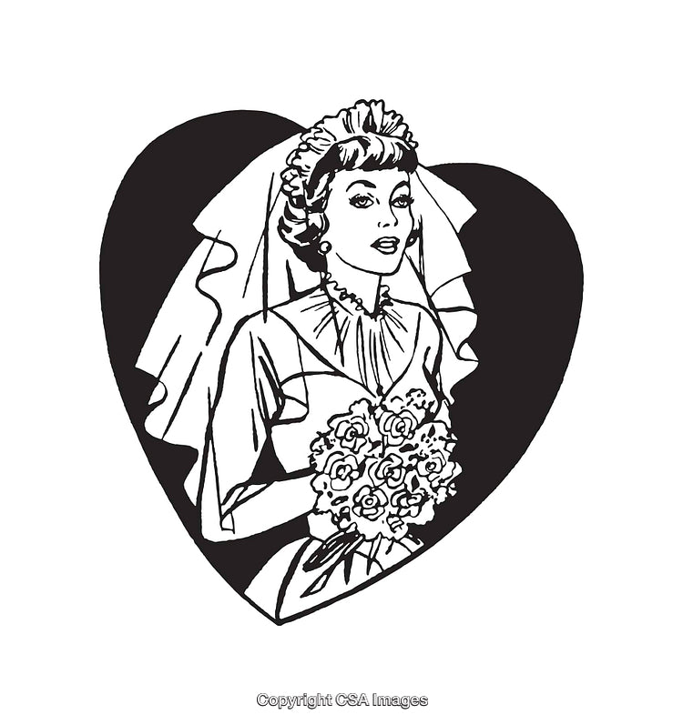 Vintage Black and White Illustration of a Bride Holding a Bouquet