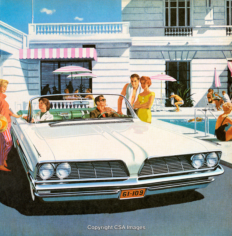 Retro Summer Scene Featuring Stylish People by a Convertible Car and Poolside