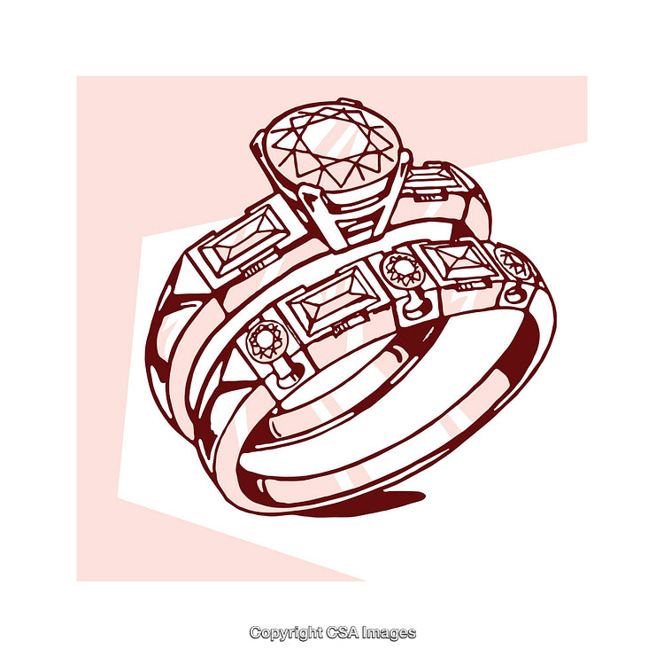Elegant Illustration of Ornate Rings with Gemstone Details in Red Hue