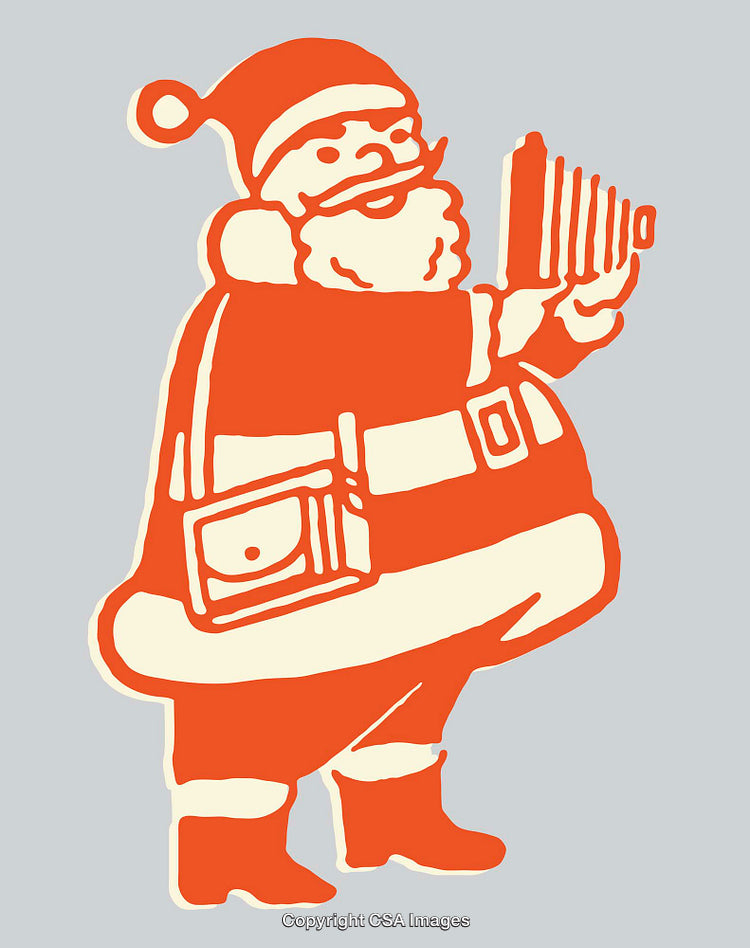 Retro Santa Claus Illustration Holding Camera in Red and White Design