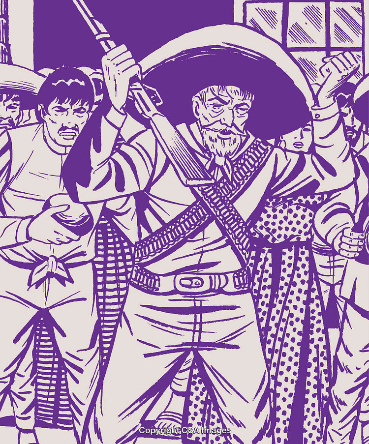 Dramatic Illustrated Scene of Revolutionary Figures Carrying Arms and Expressing Determination