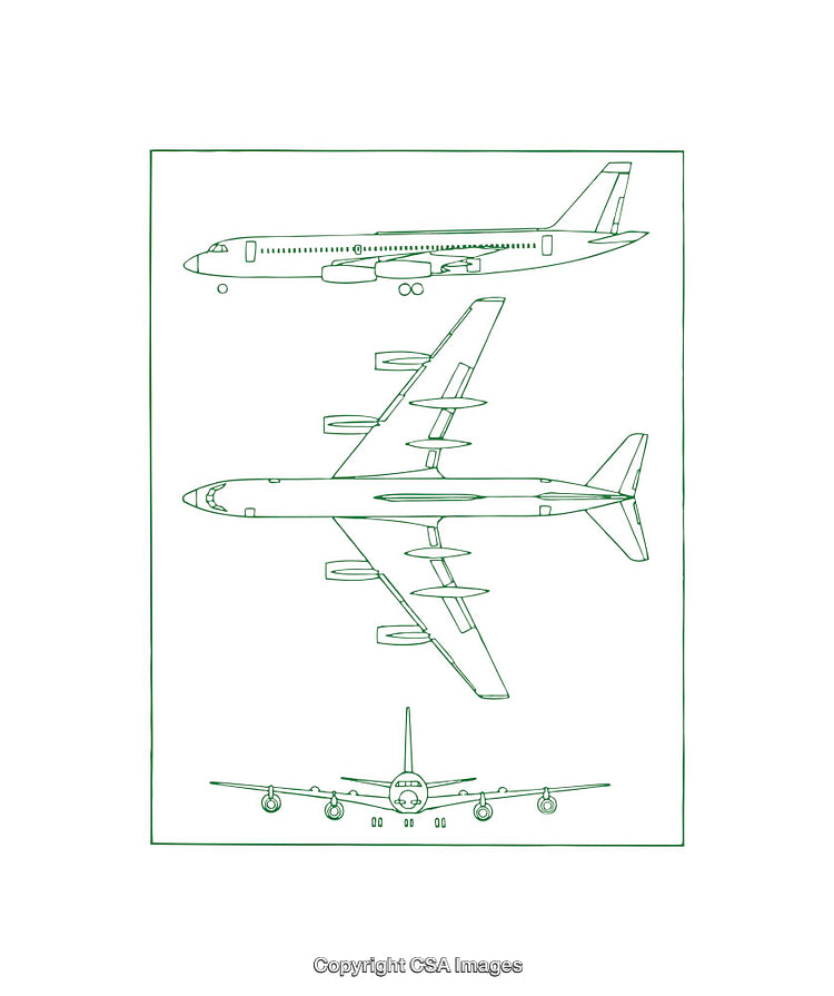 Line Drawing of Airplane in Multiple Views, Including Top, Side, and Front
