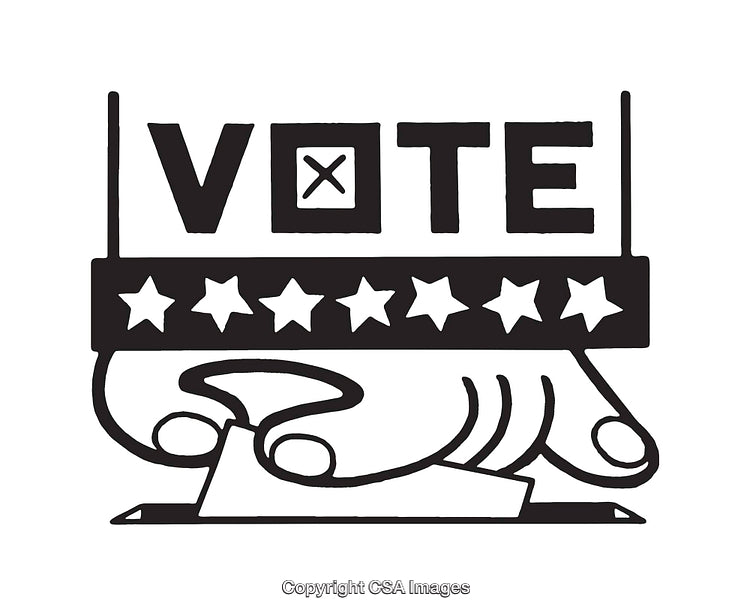 Black and White Vote Illustration Featuring Hand and Ballot Box