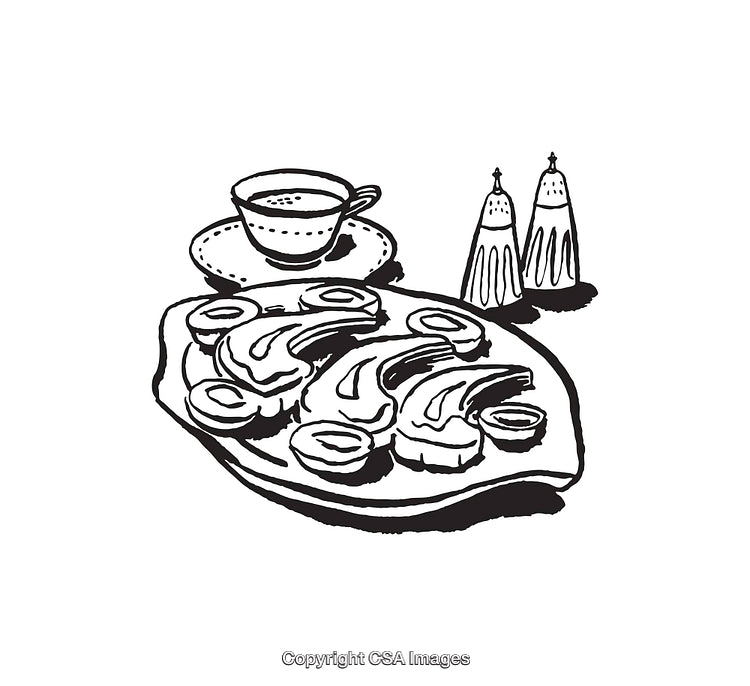 Black and White Line Art Meal Illustration with Cup and Seasoning Shakers