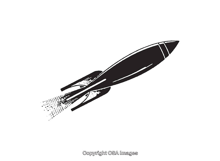 Retro Style Black and White Rocket Illustration with Smoke Trail