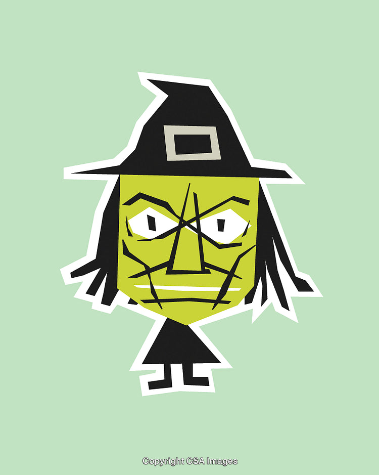 Cartoon Witch Character Illustration With Green Face and Pointy Black Hat