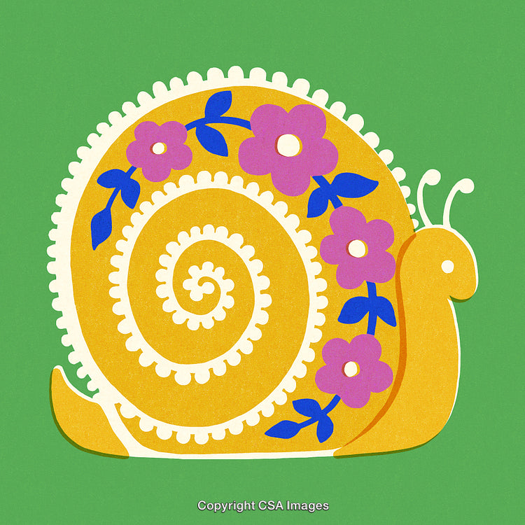 Whimsical Floral Snail Illustration in Yellow and Pink on Green Background