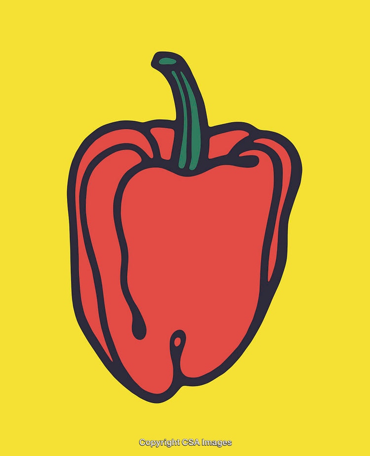 Colorful Line Art Illustration of a Red Bell Pepper on Yellow Background
