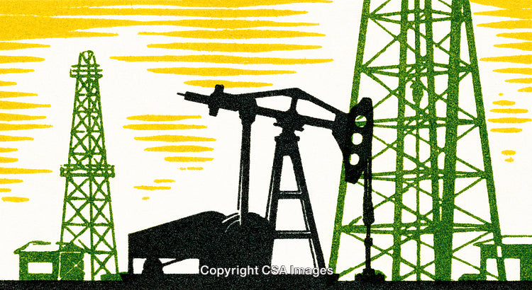 Color Illustration of Oil Drilling and Pumpjack Machinery with Sunrise Background