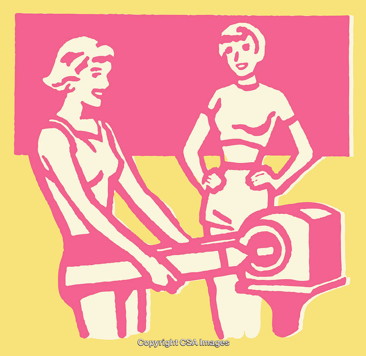 Retro Illustration of Women Interacting in a Vintage Artistic Context