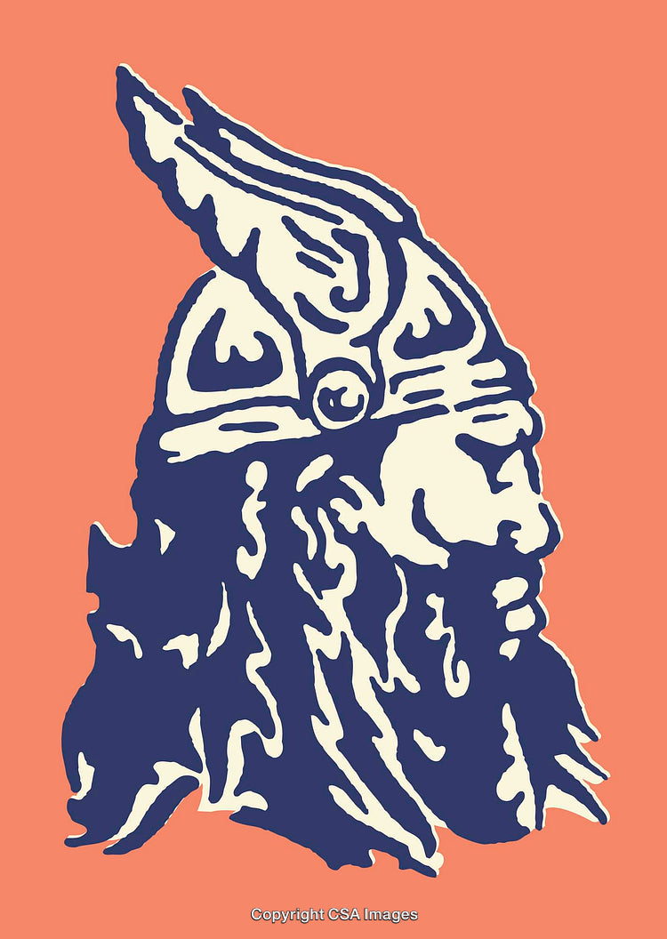 Stylized Viking Warrior Helmet in Blue on Peach Background
