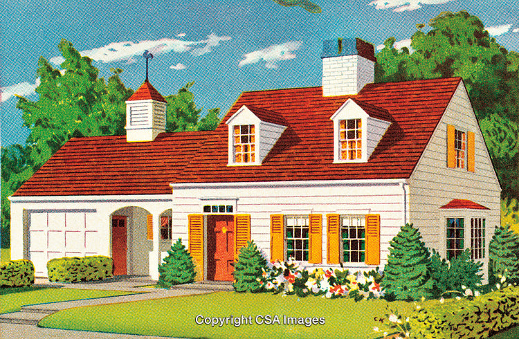 Charming Vintage Cottage Illustration with Red Roof and Lush Green Surroundings