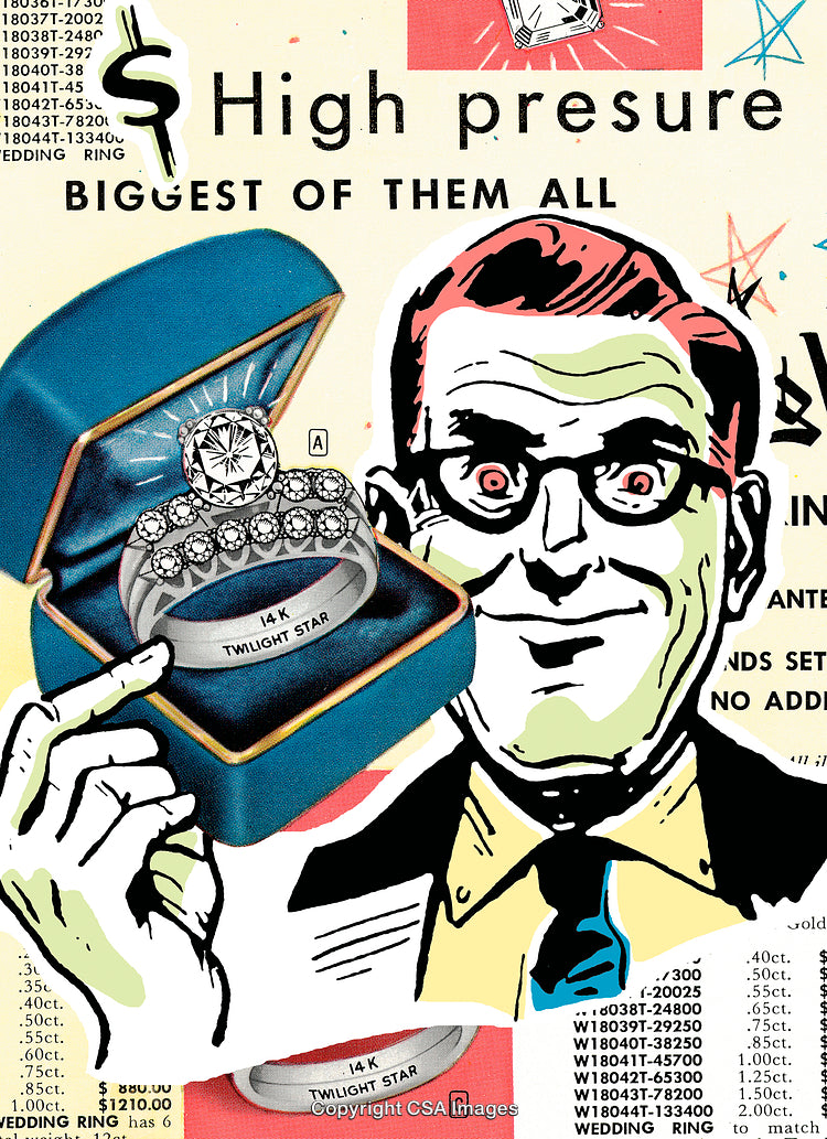 Retro Advertisement Featuring Jewelry and Enthusiastic Promotion