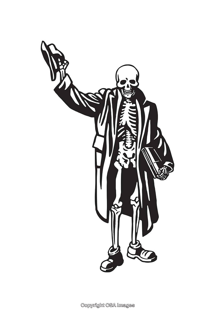Skeleton Figure in Coat Holding Book and Hat in Black Line Art