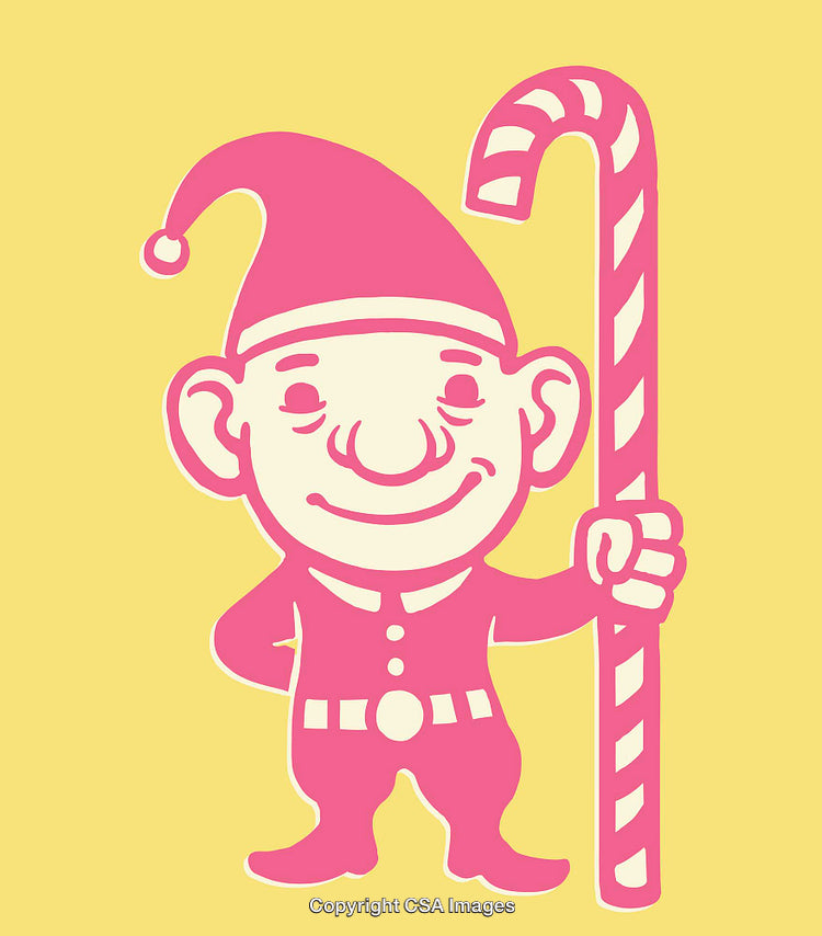 Cheerful Elf Holding Candy Cane on Yellow Background