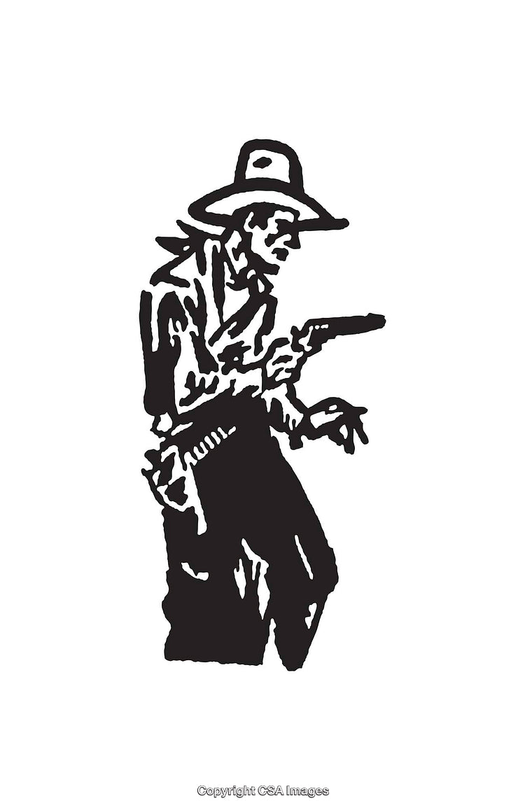 Black and White Line Art of a Cowboy Illustration Holding a Gun