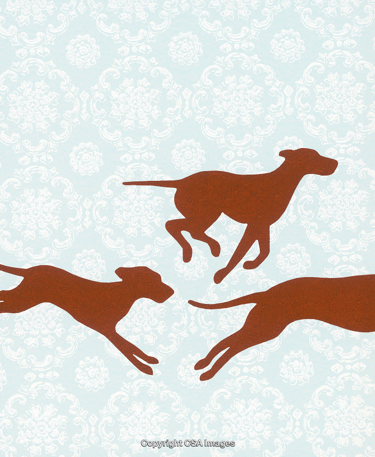 Stylized Silhouettes of Running Dogs on Blue Patterned Background