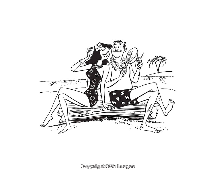 Black and White Illustration of a Relaxing Hawaiian Beach Scene
