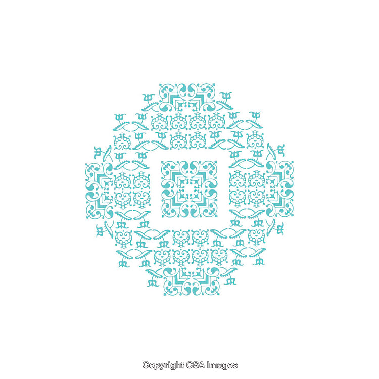 Ornamental Circular Pattern in Aqua Blue on White Background