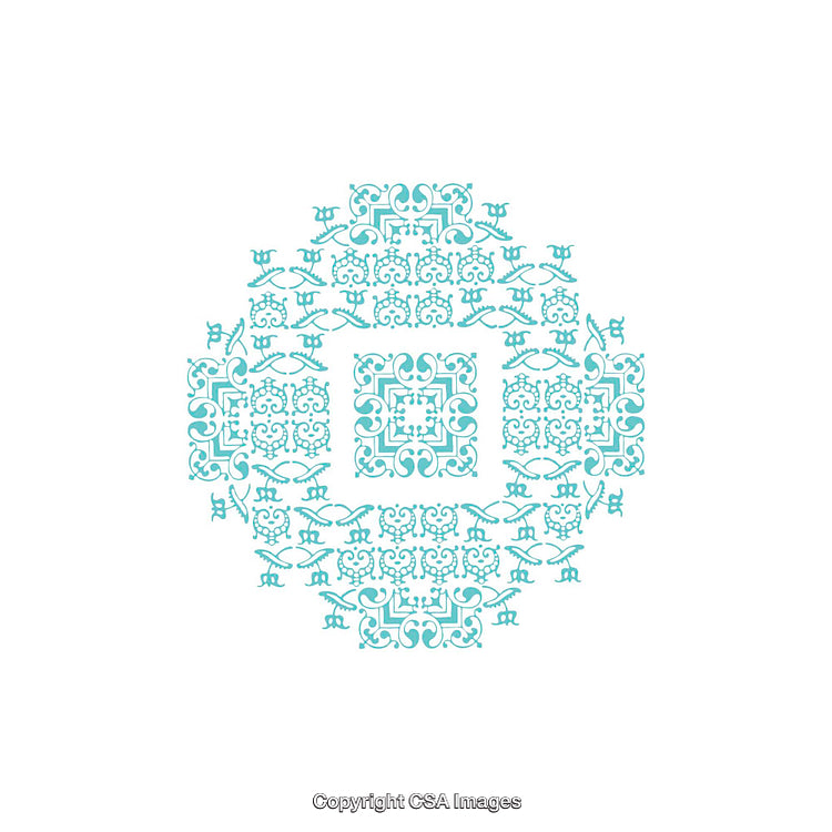 Ornamental Circular Pattern in Aqua Blue on White Background