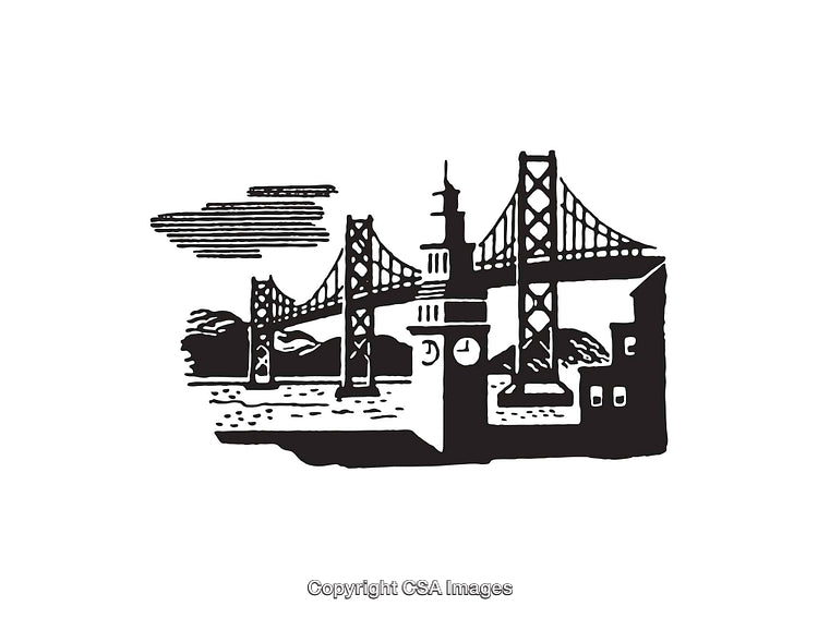 Black and White Line Art of a Bridge with Tower and Skyline