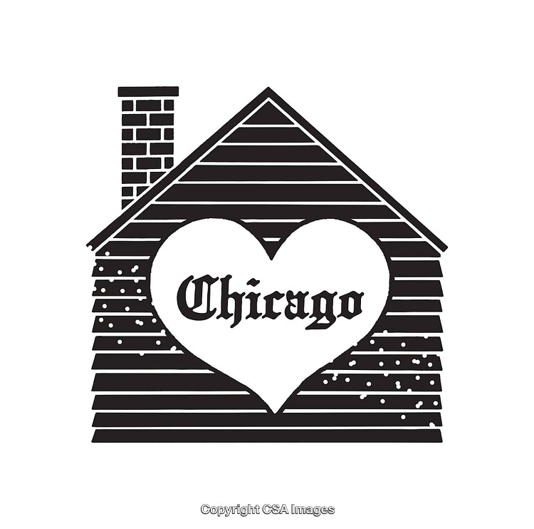 Black and White Line Art Illustration of a Chicago-Themed Heart Inside a House