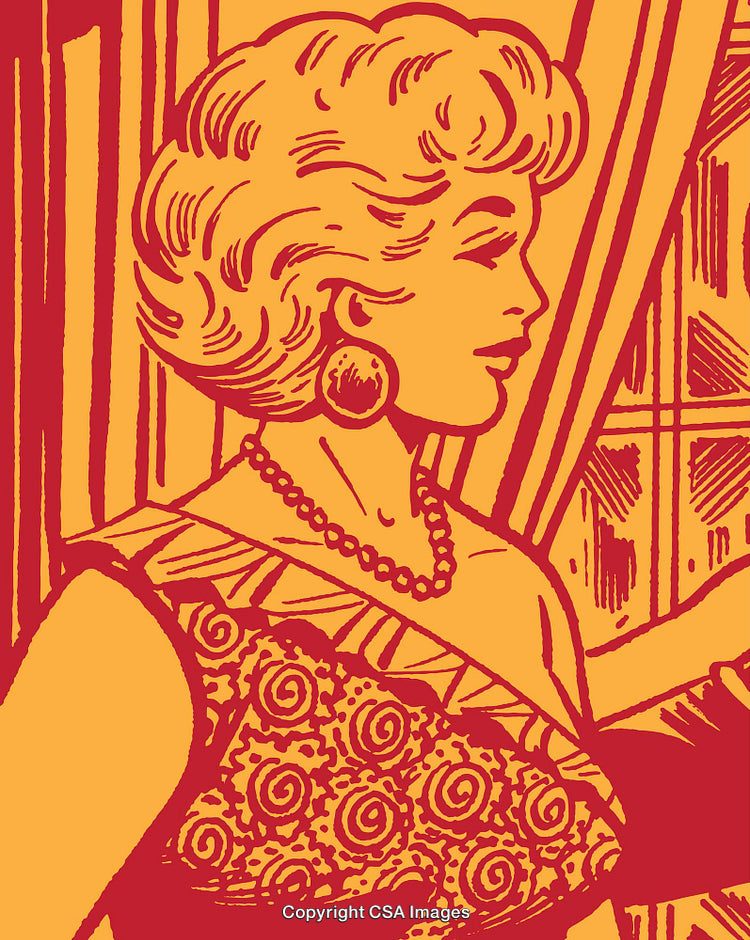 Retro Style Artwork of Glamorous Woman in Vibrant Red and Yellow Palette