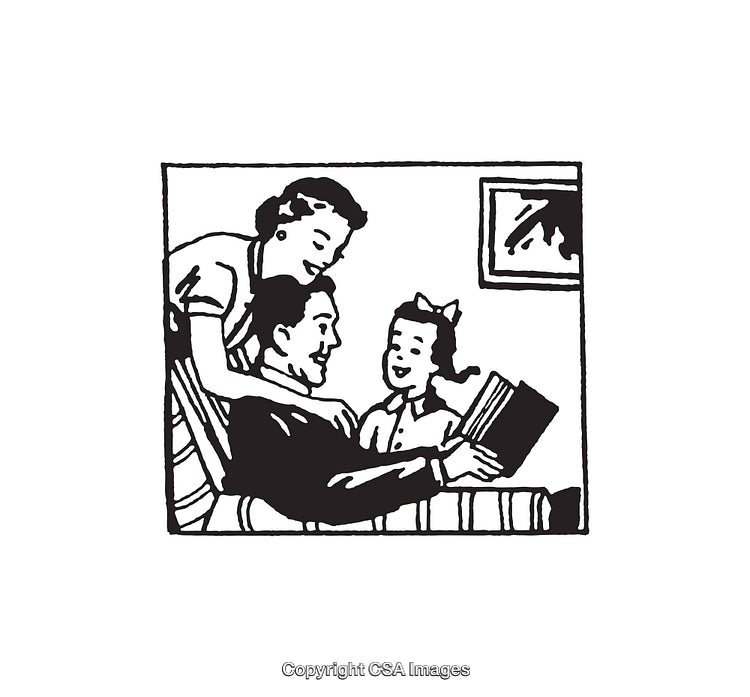 Family Bonding Scene in Vintage Black and White Illustrative Style