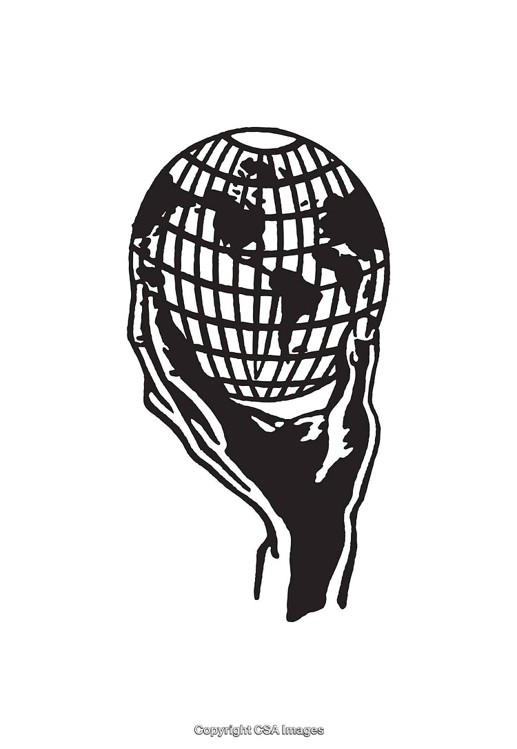 Hand Holding a Globe in Black and White Line Art Illustration