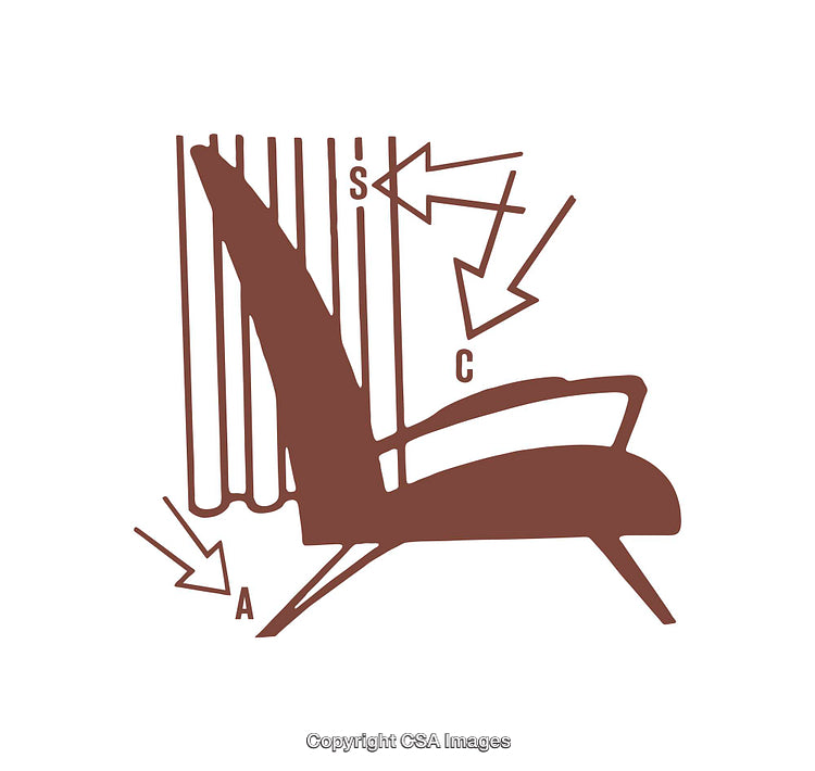 Mid-Century Chair Silhouette Diagram with Annotation Arrows and Letters