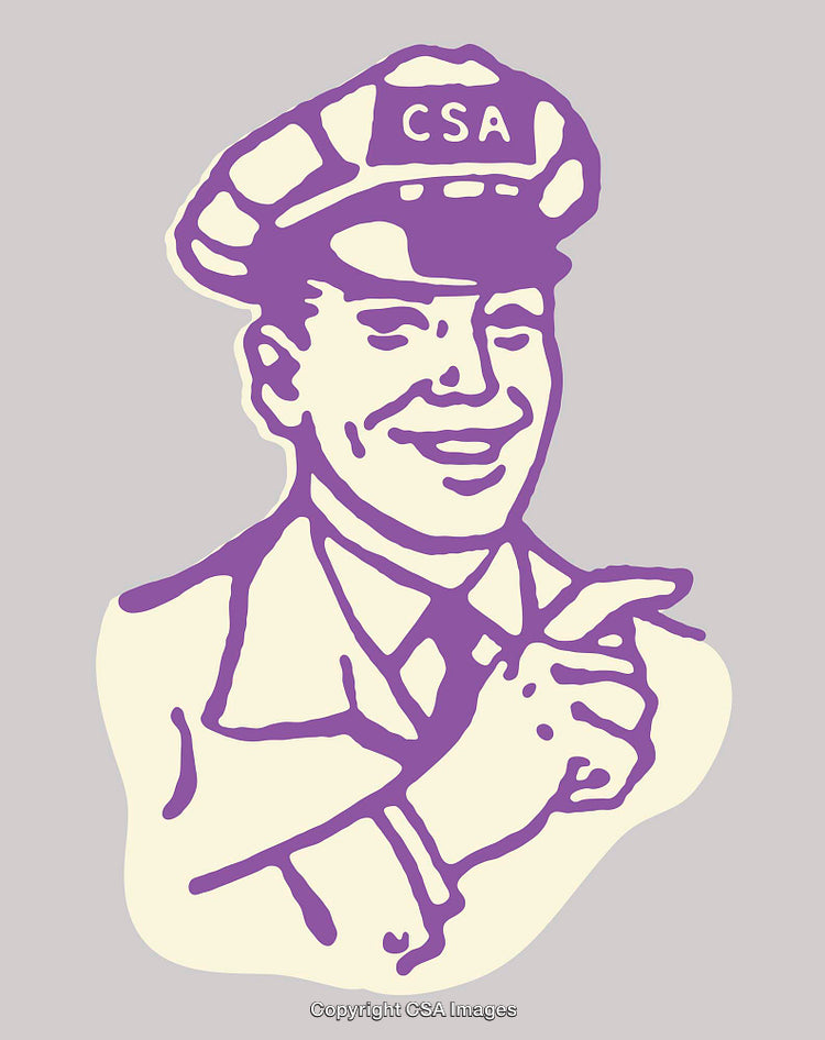 Retro Line Art Illustration of a Smiling Male Figure in Uniform