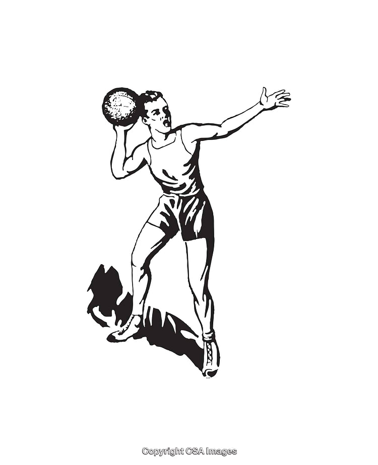 Black and White Illustration of Male Athlete Throwing a Ball