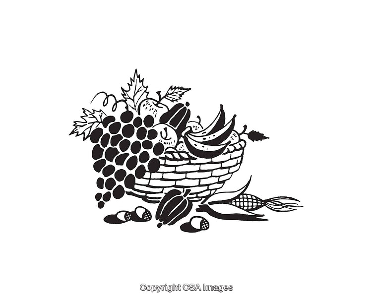 Black And White Illustration of a Fruit Basket and Vegetables