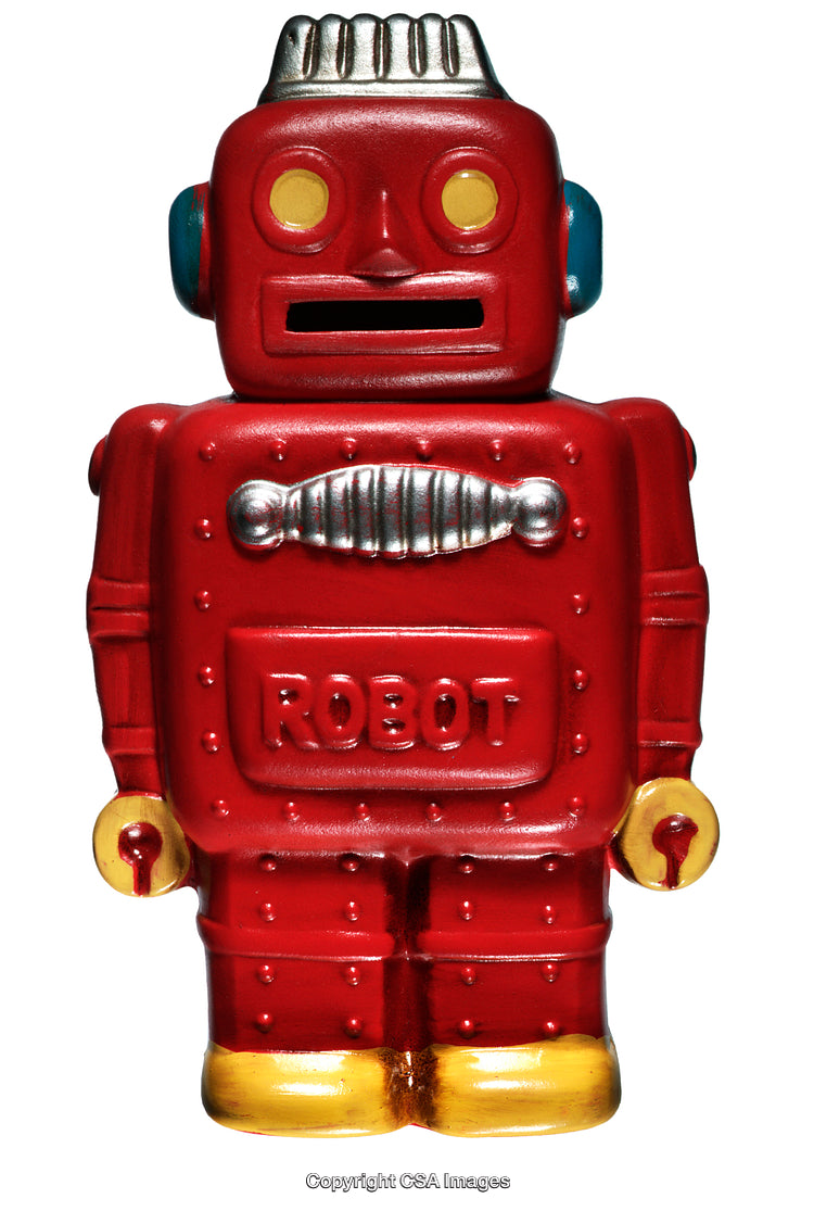 Retro Styled Red Robot Toy Figure with Yellow Details on White Background