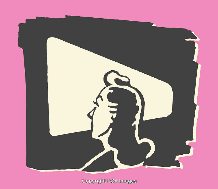 Minimalist Color Line Art of a Woman Facing a Screen