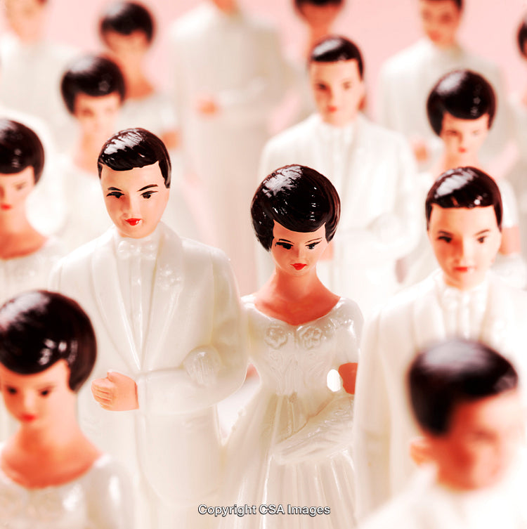 Close-Up of Bride and Groom Plastic Figurines in Group Setting