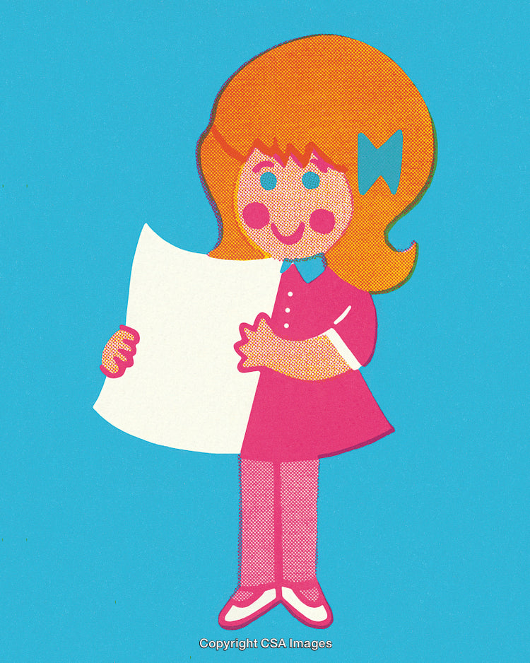 Cute Girl Holding a Paper on a Blue Background with Retro Style