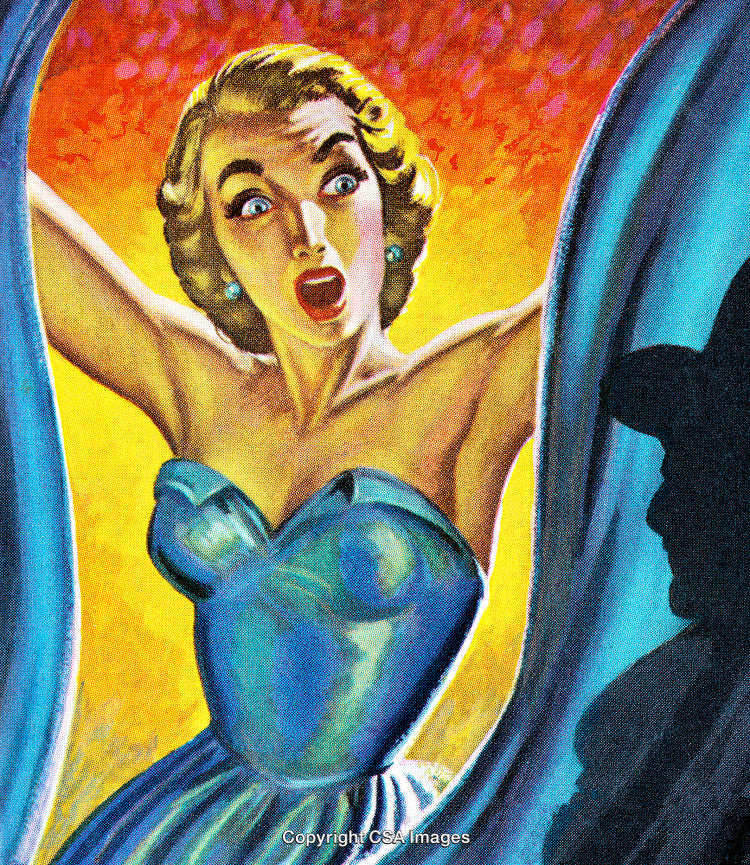 Dramatic Vintage Artwork of a Shocked Woman in Blue Seeing a Shadowy Figure