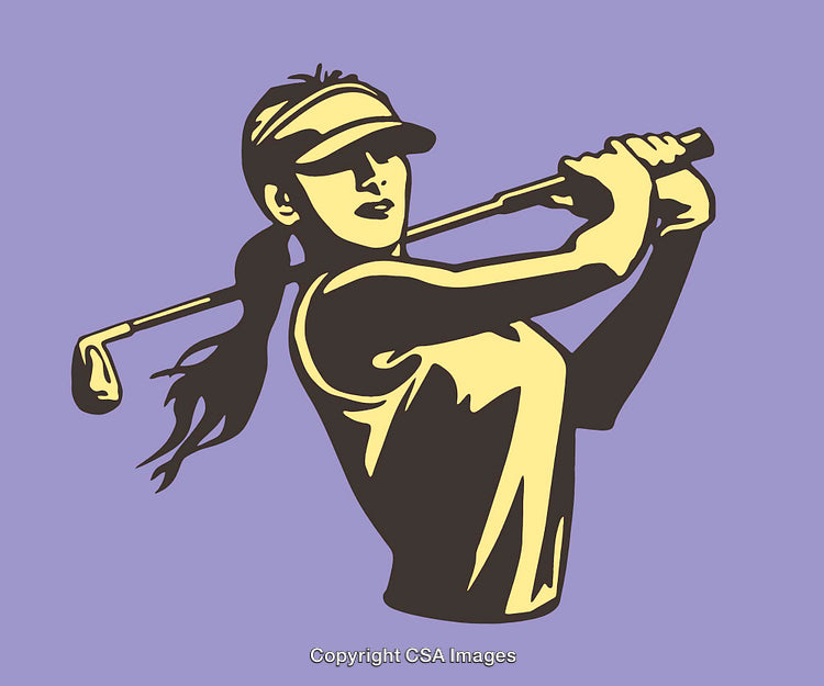 Stylized Female Golfer Swinging a Club Vector on Purple Background