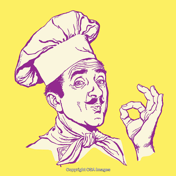 Illustration of a French Chef in Whimsical Style on Yellow Background