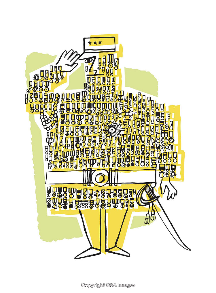 Playful Illustration of a General With an Overload of Medals and Awards