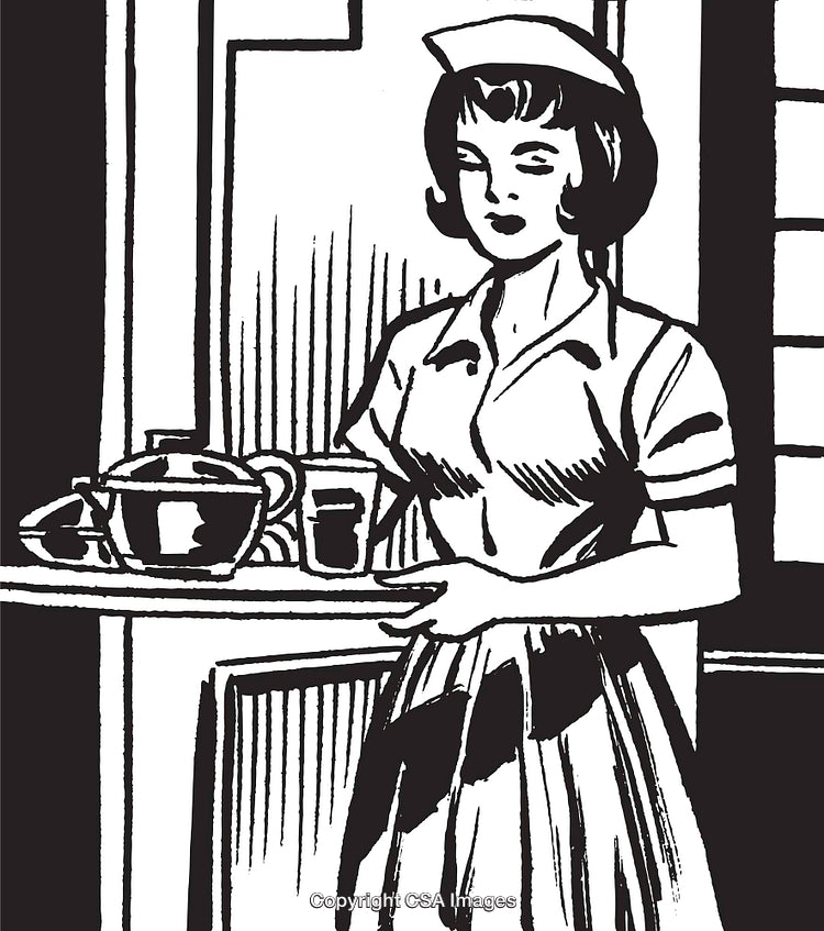 Vintage Illustration of a Waitress Carrying a Tray with Beverages and Food