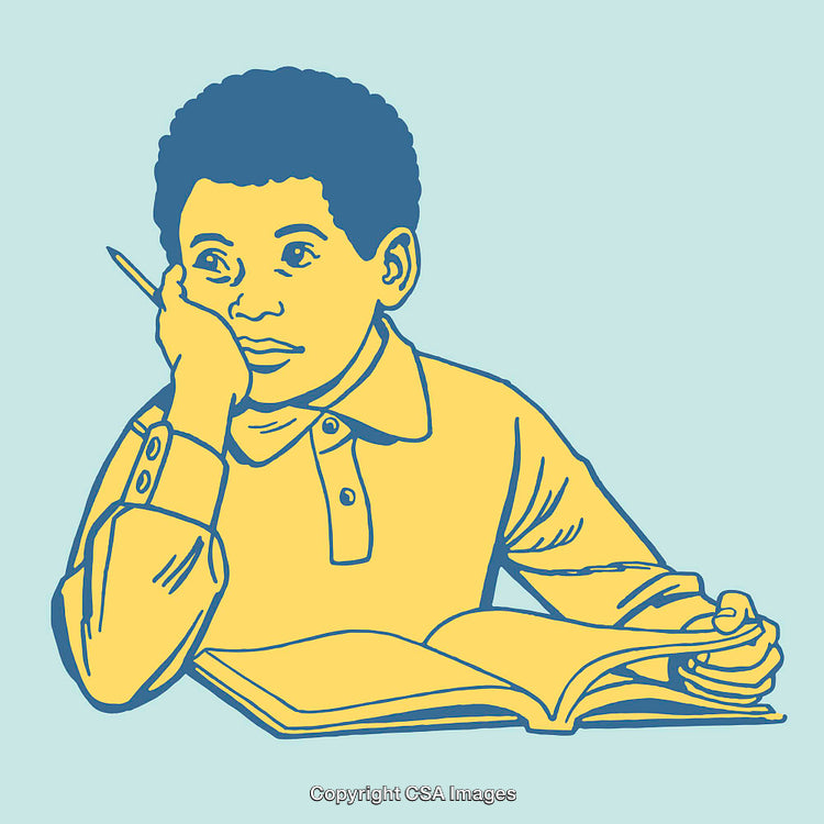 Thoughtful Student Holding Pencil with Open Book in Color Line Art