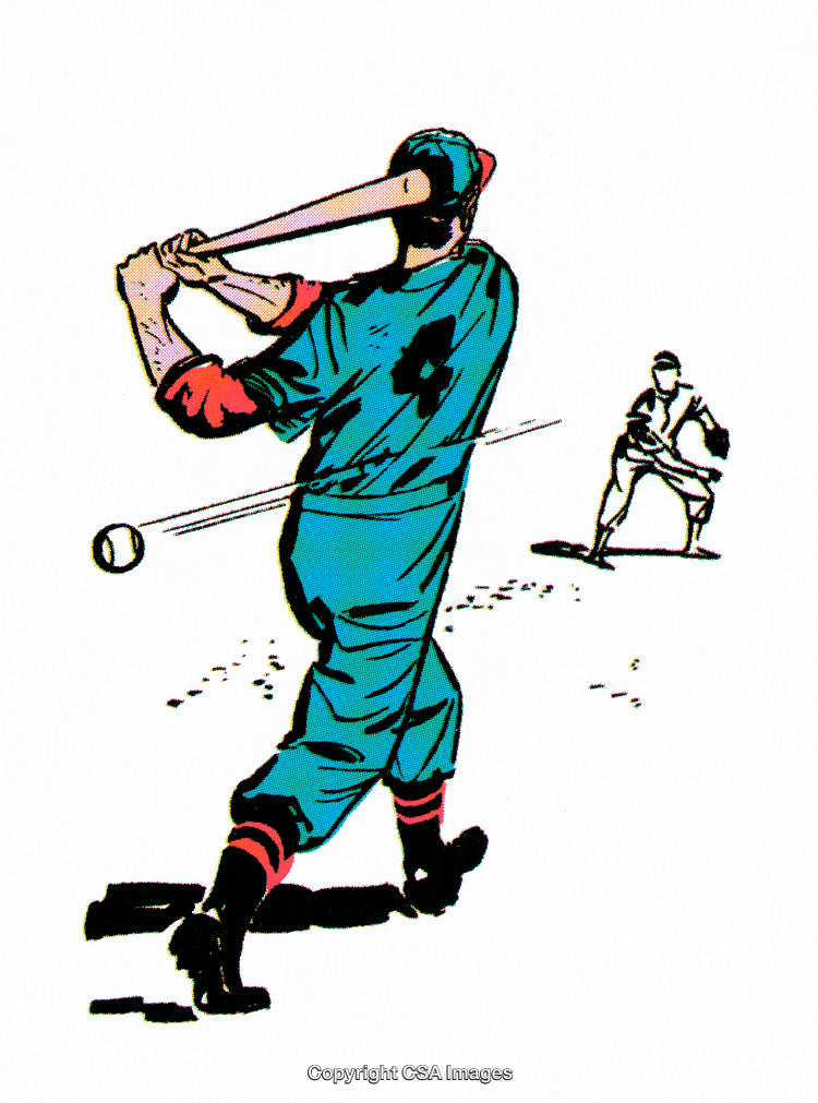 Vintage Comic Illustration of a Baseball Player Swinging a Bat