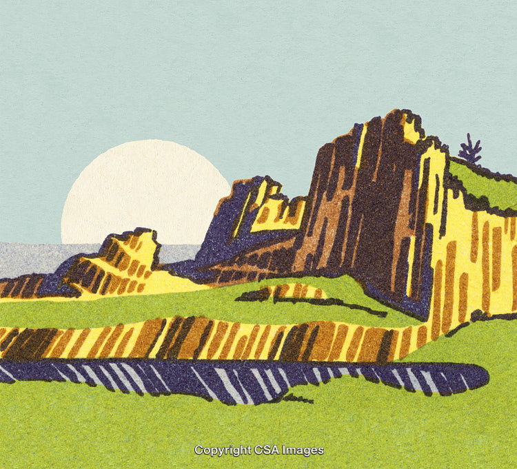 Illustrated Scenic View of Coastal Cliffs with Sun and Fields