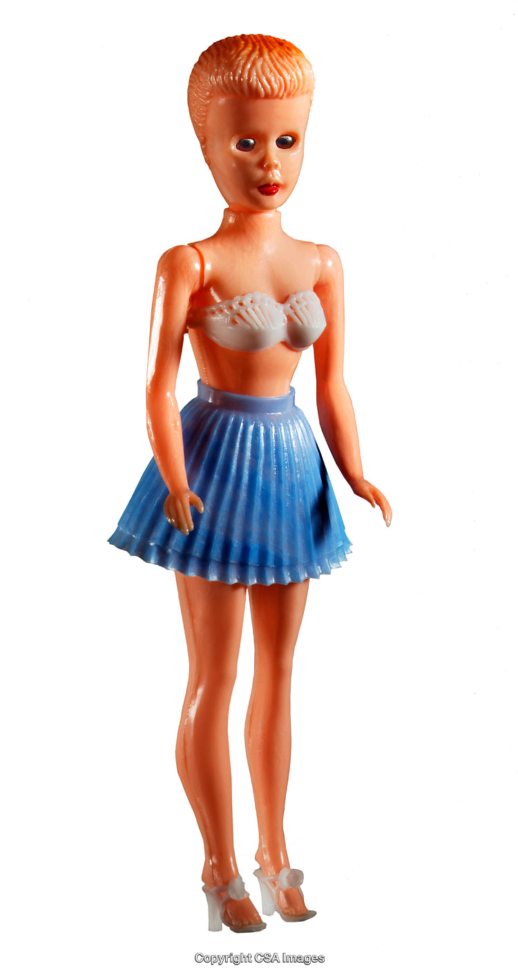 Vintage Plastic Doll with Shell Top and Blue Skirt